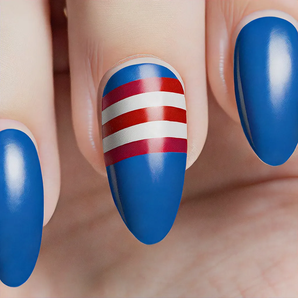 3D styled, baby-blue themed, fair-skin fitting, Independence Day mustard almond nails using airbrush technique.