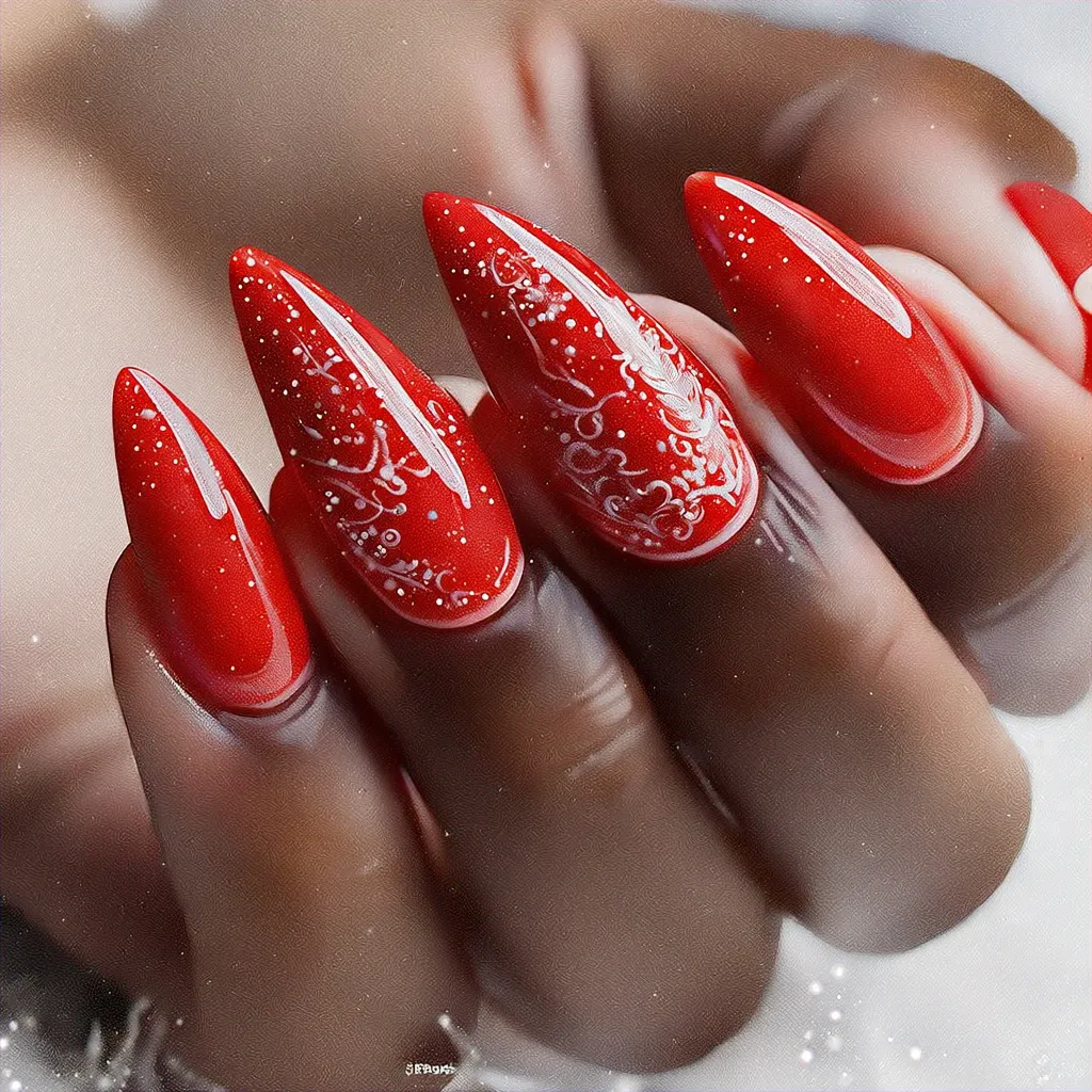 Stunningly bold red, classic winter themed, deep skin toned, stiletto shaped, dip technique.