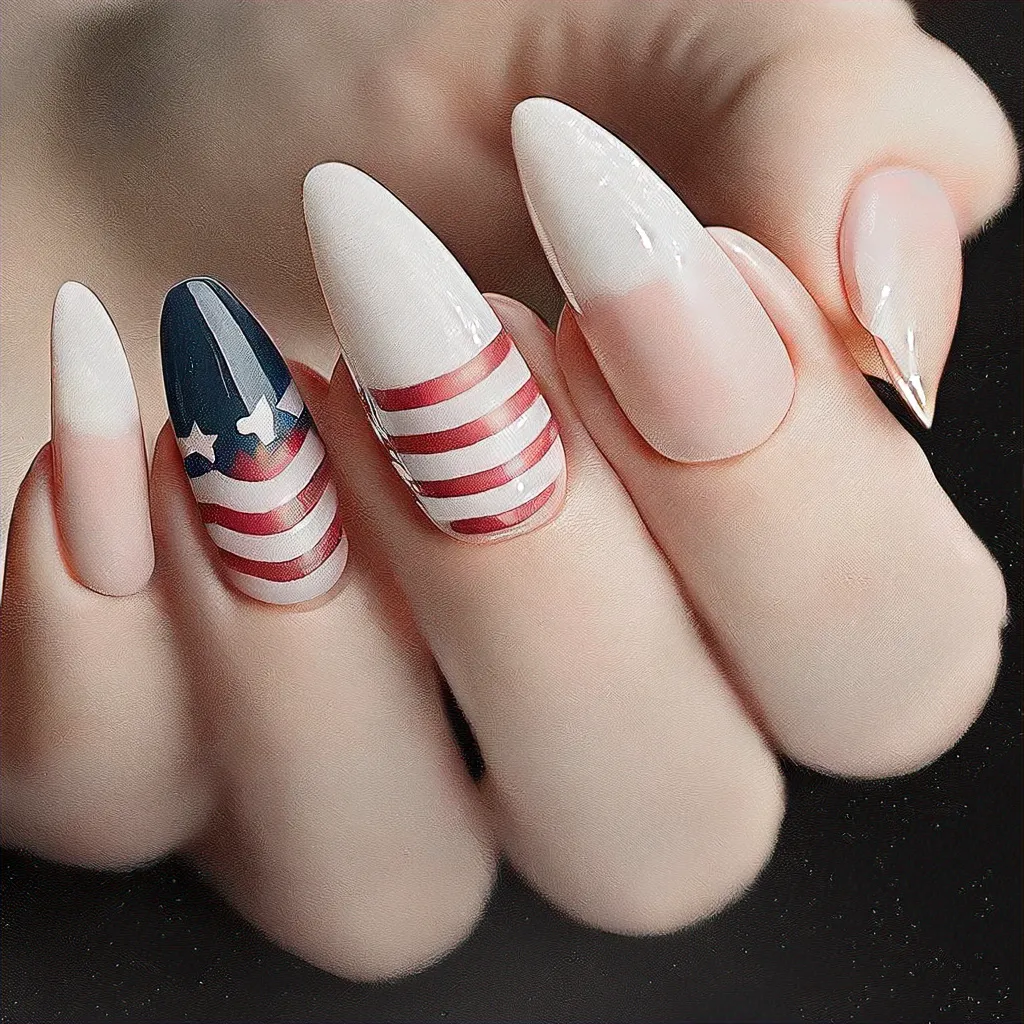 Rock a 4th of July look with rose gold, clear style almond-shape nails featuring a French tip. Perfect for fair skin!