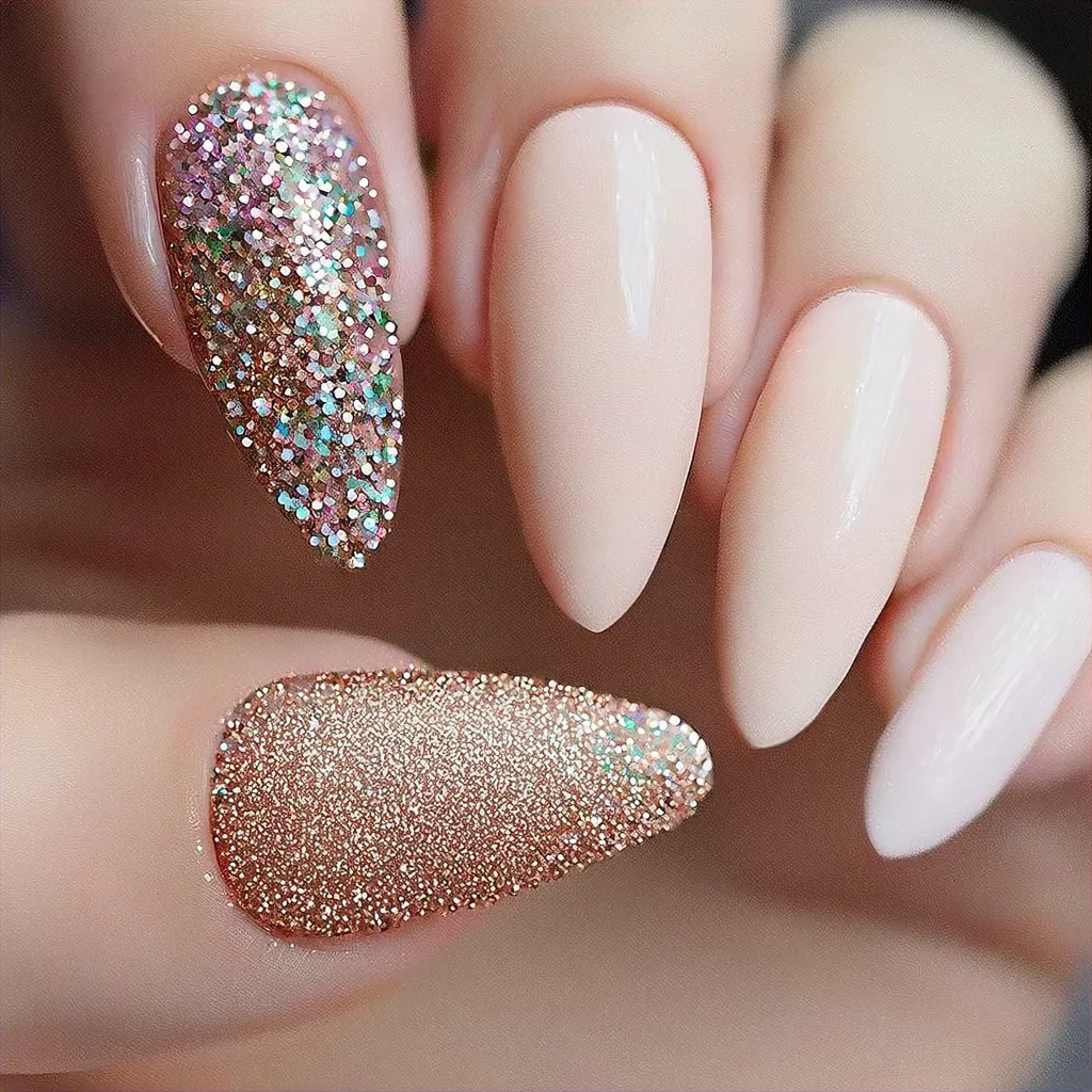 Light skin tone, rose gold coffin-shaped nails, beach-themed, colorful, enhanced with glitter techniques.