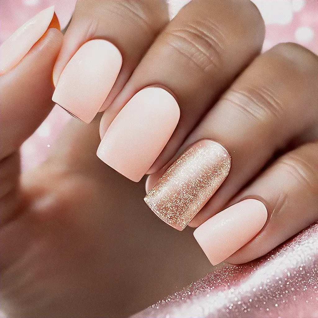 Square-shaped, rose gold ombre dip powder nails ideal for celebrations. Pairs well with deep skin tones. Cute style.