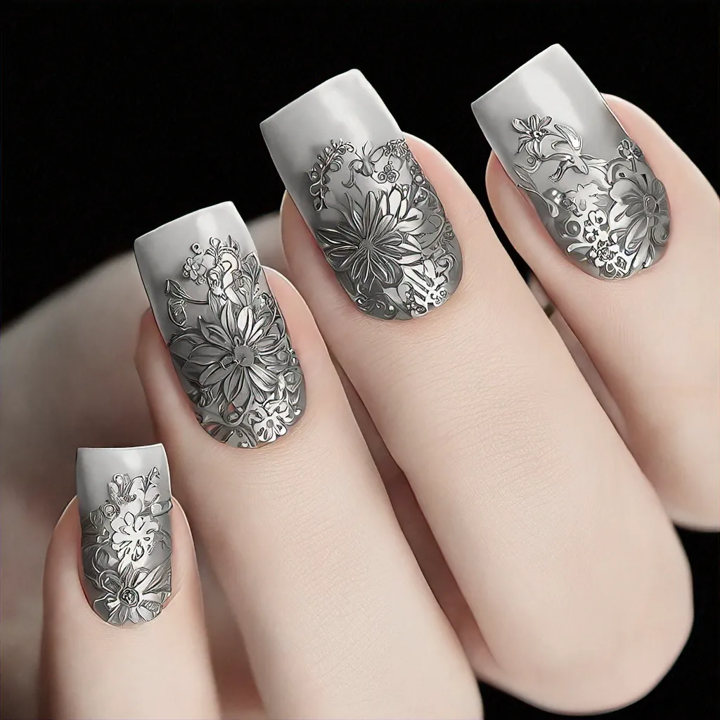 Airbrushed silver square nails with floral detail, perfectly suited for Halloween and fair skin tones.