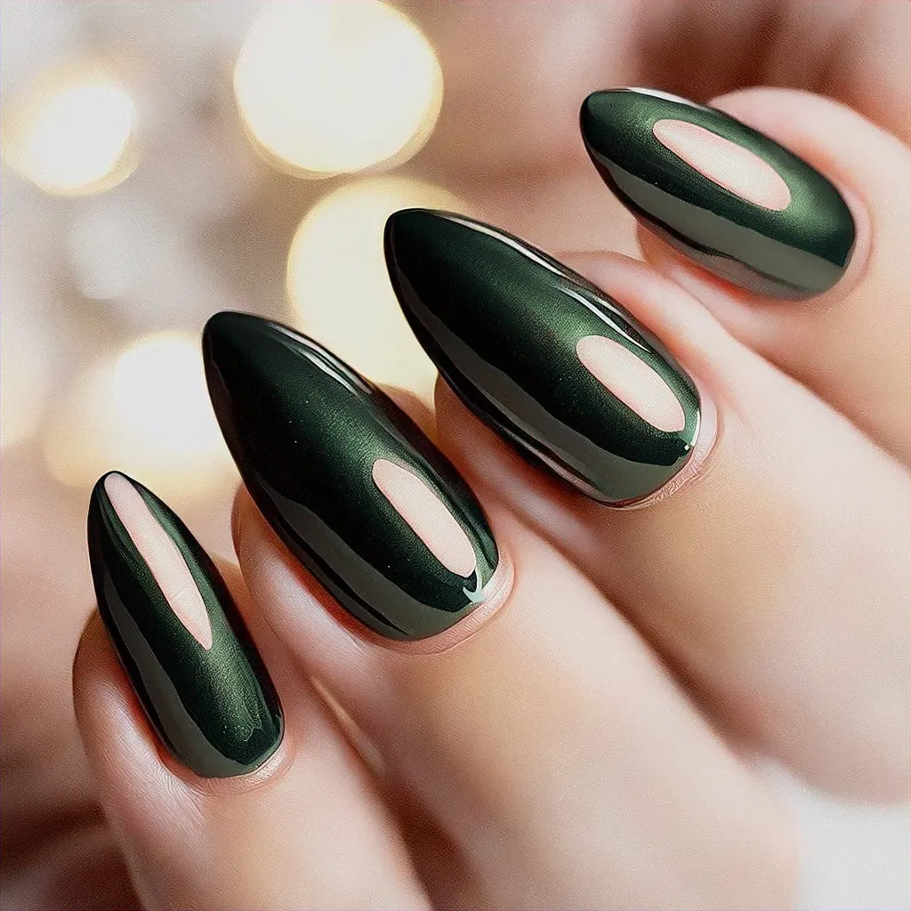 Chic black, New Year-theme nail art. Almond shape, clear style using powder dip technique. Perfect for medium-olive skin tones.