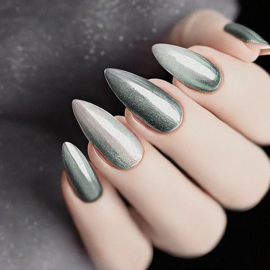 Light-skinned? Try stiletto foiled silver holiday themed cat eye style nails.