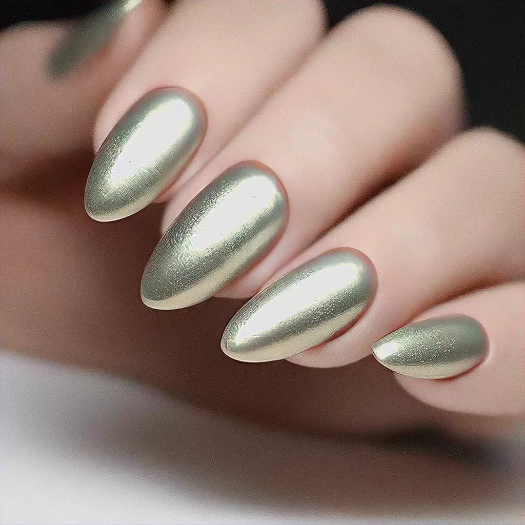 Medium-olive skin tone shines with this fun, New Year-themed chrome technique on almond-shaped, silver nails.