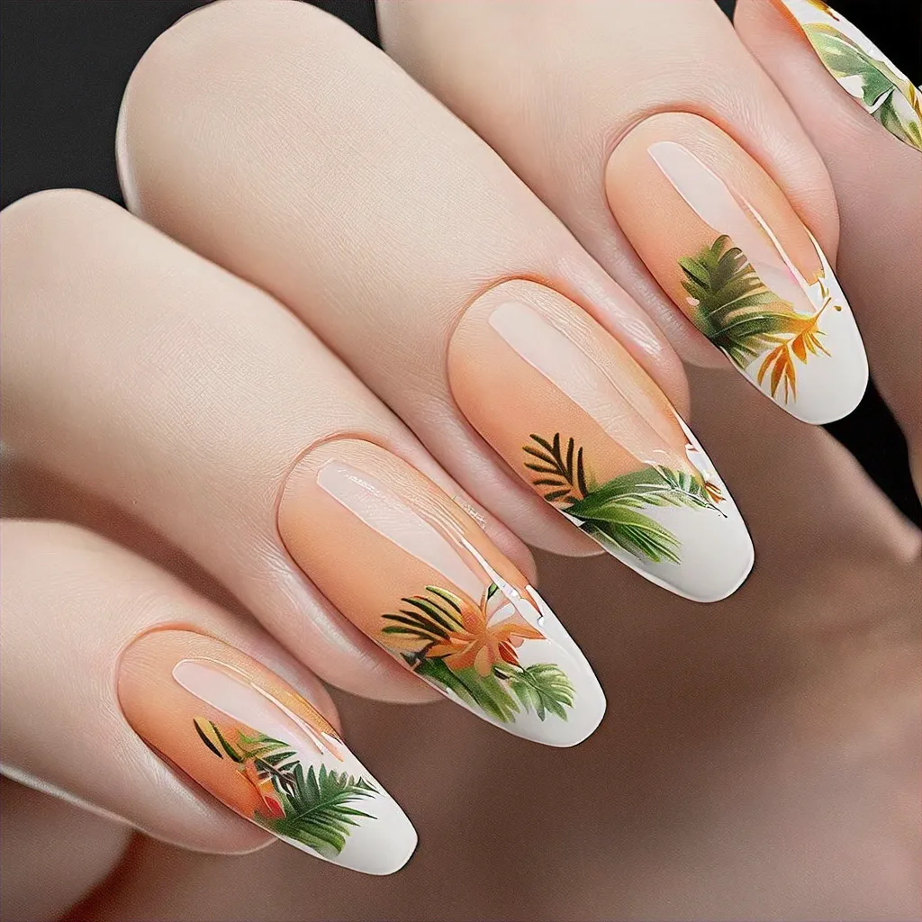 Fair-skinned? Try our tan, oval-shaped Hawaii-themed spring manicure with a classic French tip technique.