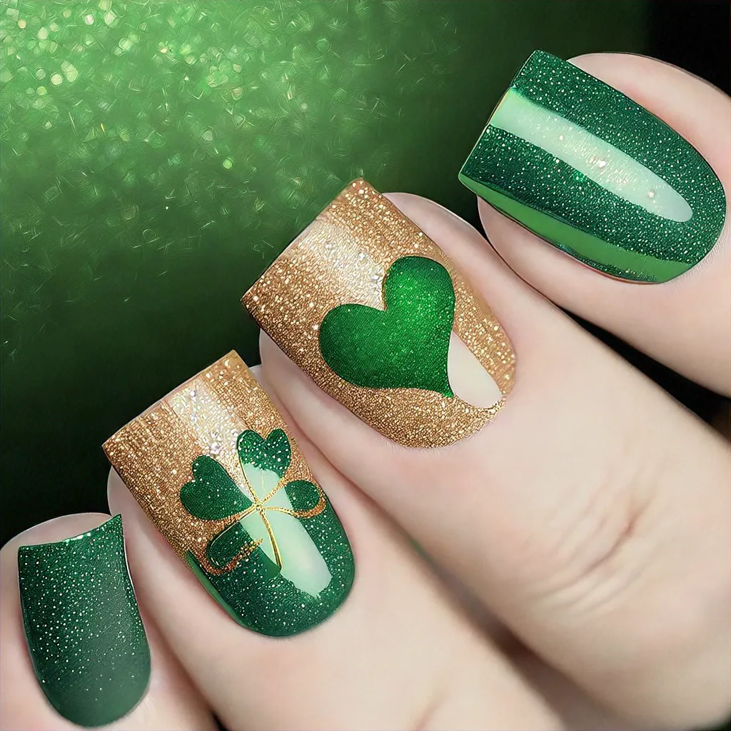 Charm with a tan St Patrick's themed heart design on square nails with glitter accents. Perfect for light skin tones.