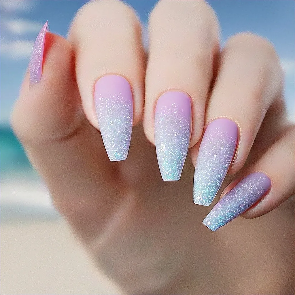 Show off a turkey-colored, vacation-themed, lilac style ombre glitter coffin-shaped nail perfect for fair skin.