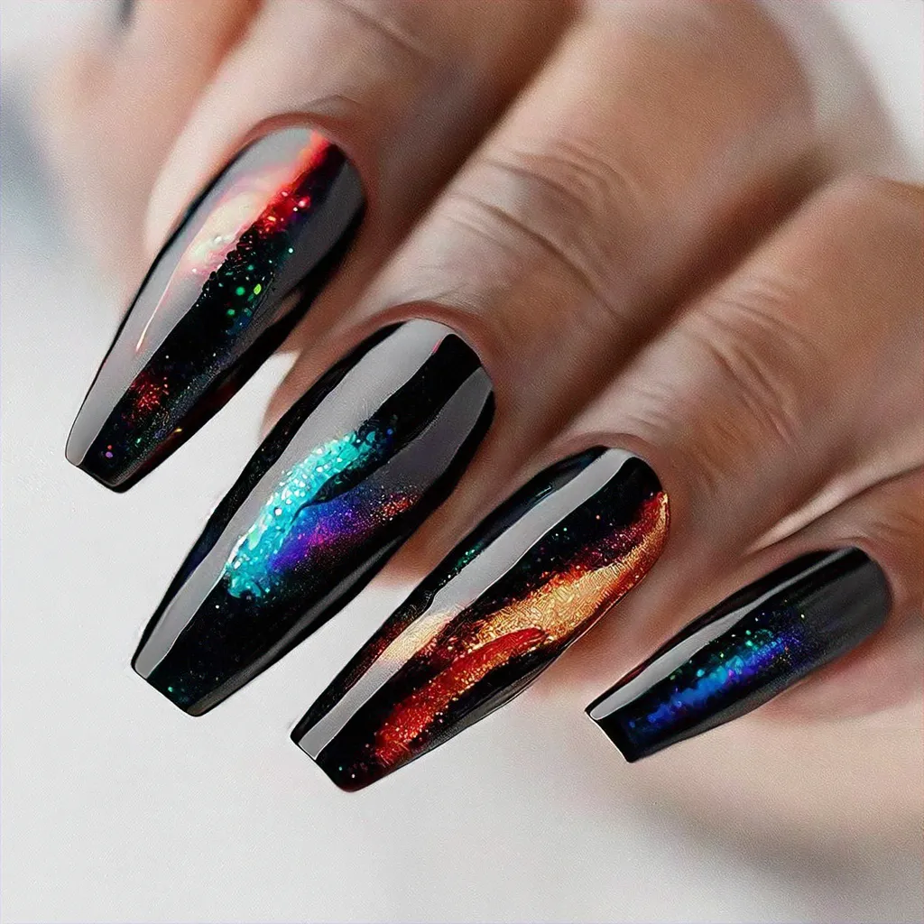 Party-themed coffin shape nails, swirly & colorful on deep skin tone. A black base coat adds drama.