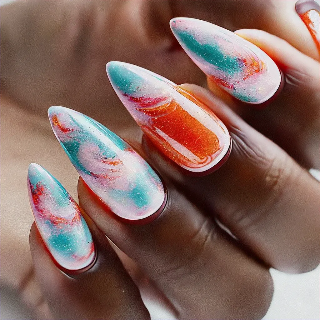 Chic stiletto shaped nails featuring neon turkey color, highlighted by a swirling winter theme. Perfect for deep skin tones.
