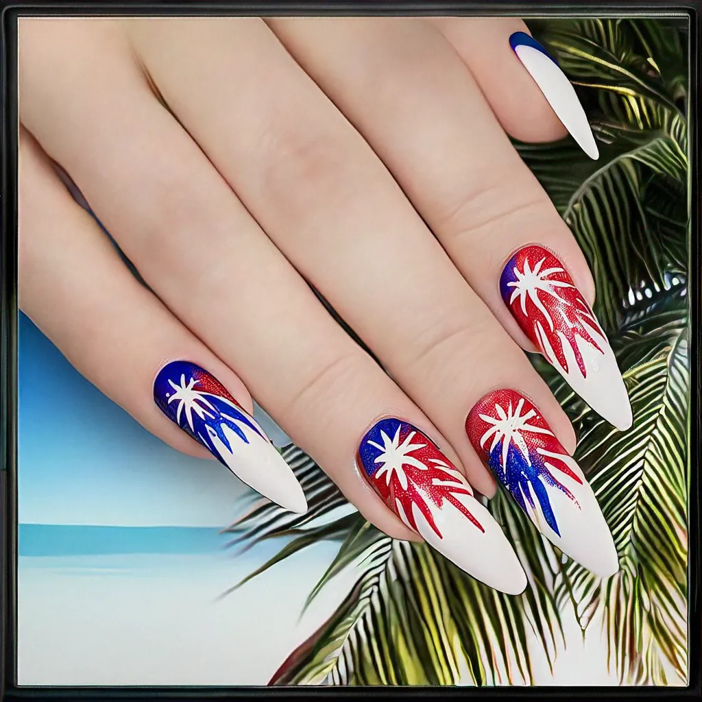 Celebrate 4th of July with white, almond-shaped nails featuring airbrushed palm trees. Ideal for fair skin tones.