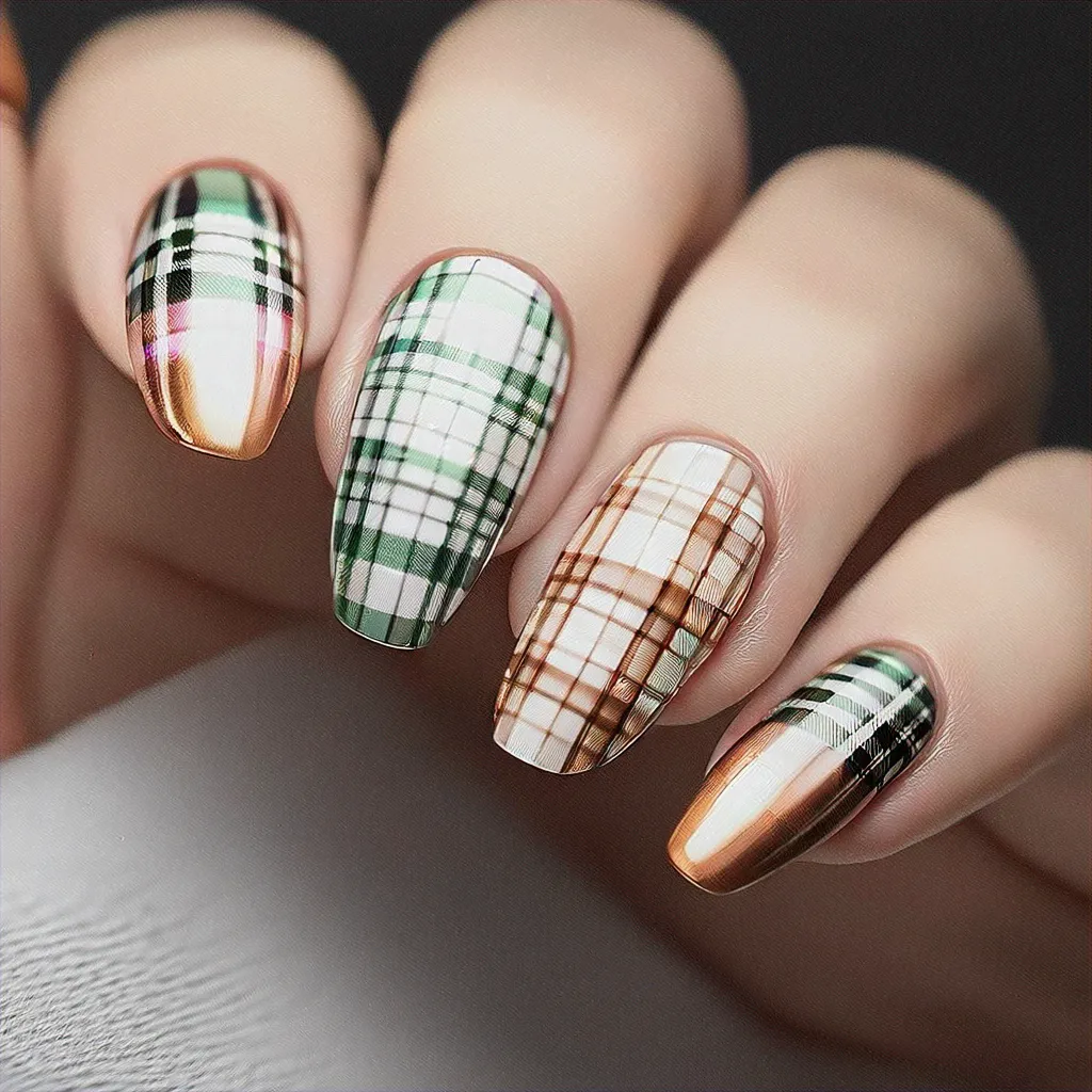 Oval-shaped, chrome-enhanced white nails, suited to medium-olive skin - a bold plaid theme for birthdays.