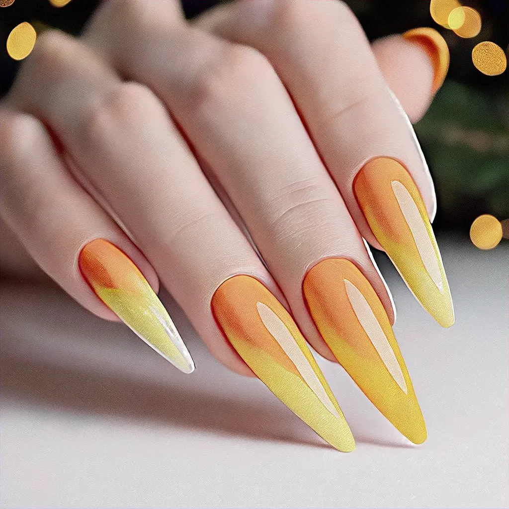 Yellow stiletto-shaped nails with a professional Christmas theme. French tip technique suitable for fair skin.