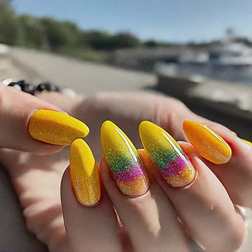 Light-skinned? Flaunt a yellow, cruise-themed, rainbow-style almond-shaped manicure with glitter technique!
