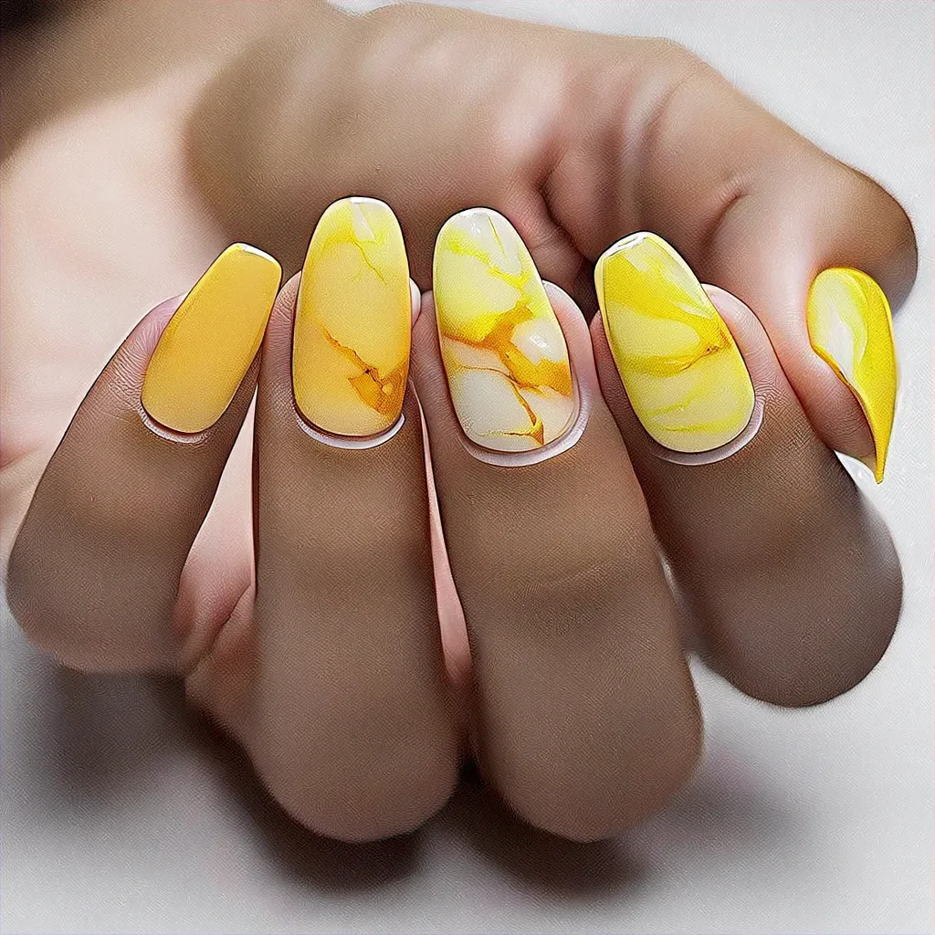 Celebrate Easter with yellow, small coffin-shaped nails with marble technique on medium-olive skin.