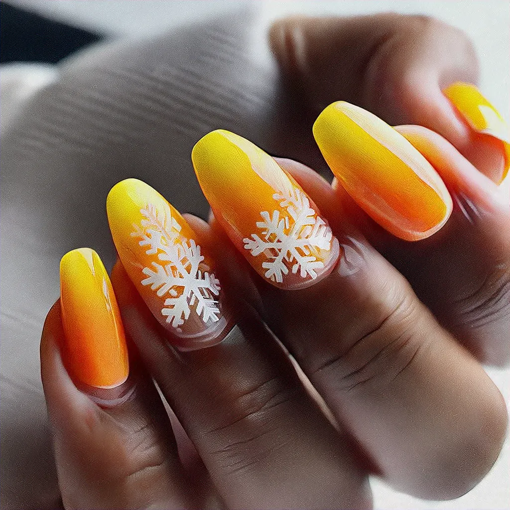 Gorgeous deep skin tone accentuated by a yellow fall-themed snowflake design on oval nails using ombre dip powder technique.