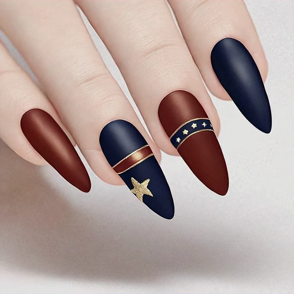 Celebrate 4th of July with these black and gold 3D almond-shaped nails airbrushed for fair skin.