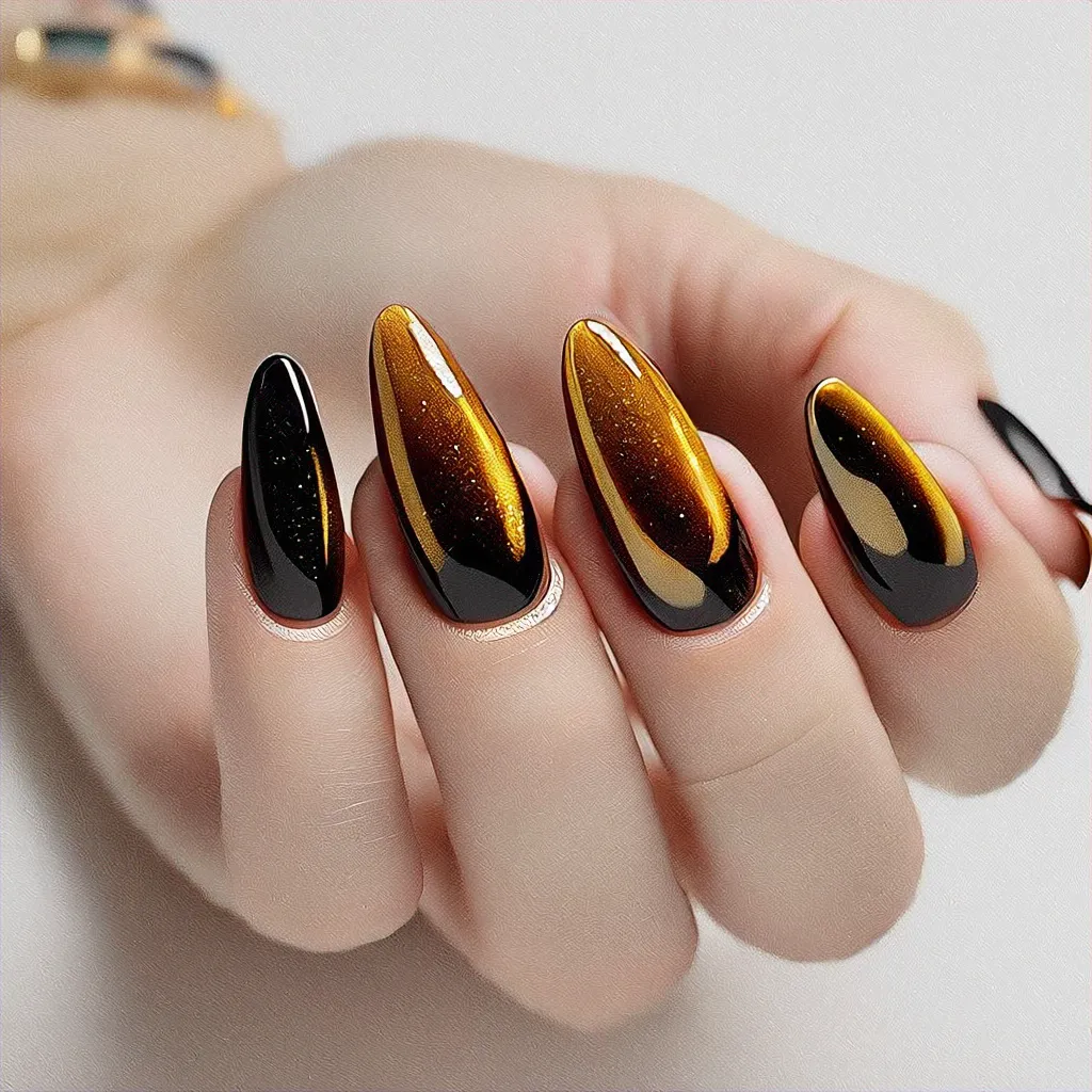 Chic coffin-shaped black and gold cat eye nails set against abstract beach-themed art for light skin tones.