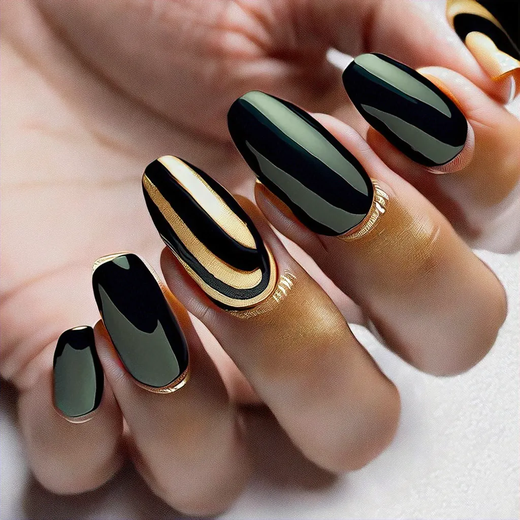 Medium-olive skin contrasts beautifully with oval, chrome technique nails. Perfectly themed for birthdays in black and gold.