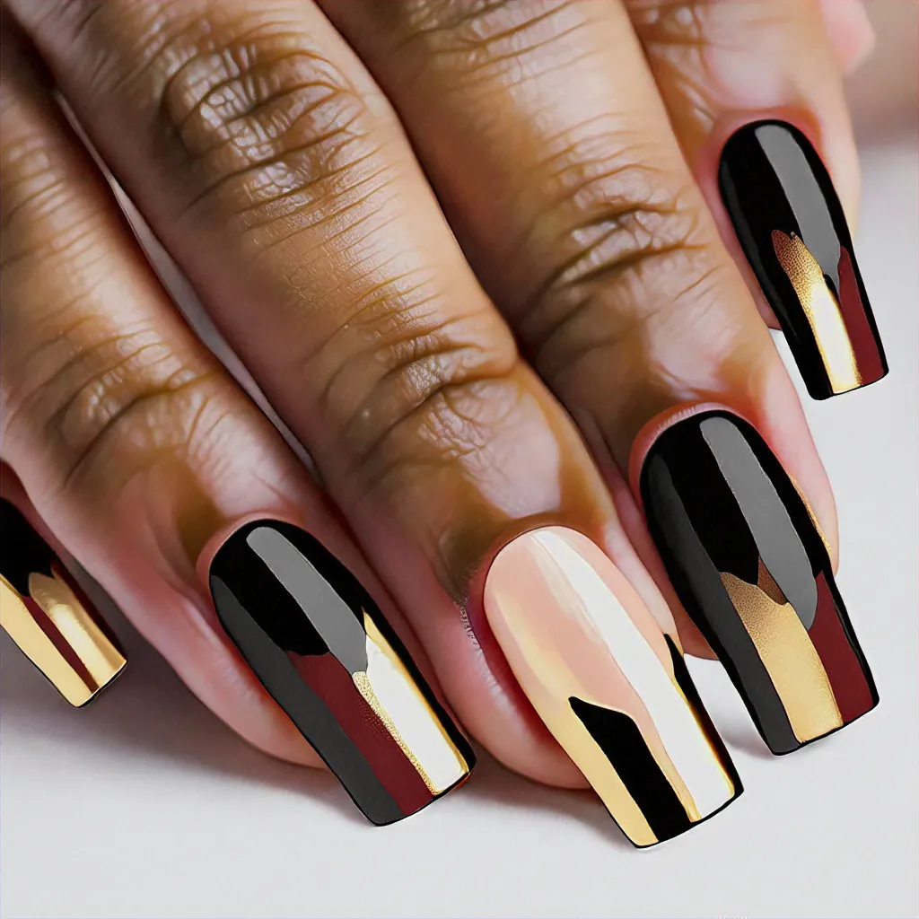 Celebrate with basic style, square, black & gold dipped nails, excellent on deep skin tones.