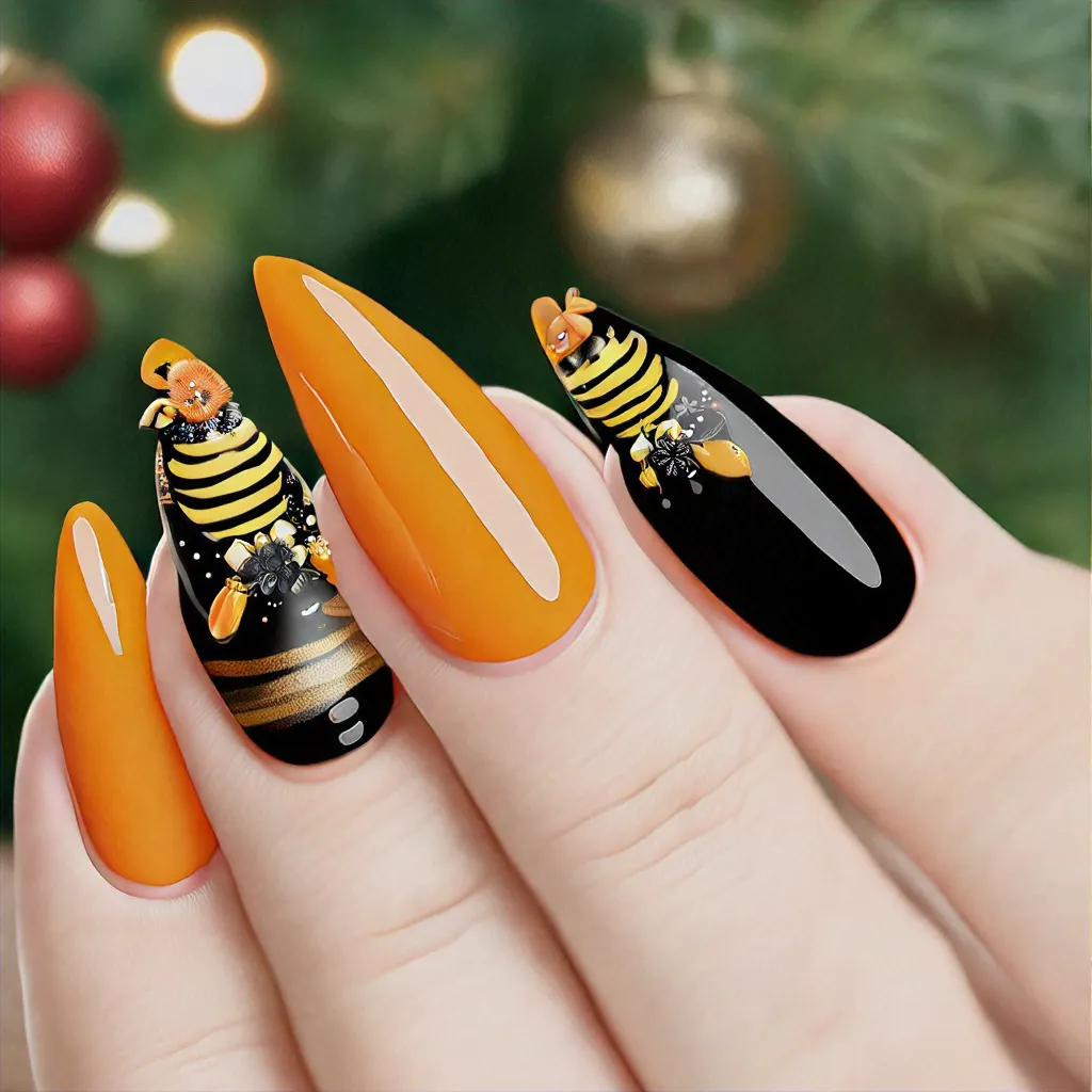 Fair skin showcases a festive bee-inspired style in Christmas theme. Black and orange stiletto nails feature the french tip technique.