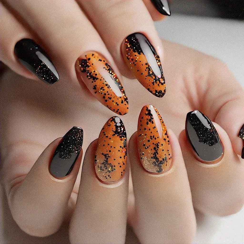 Black and orange boho style almond-shaped nails for light skin, infused with glitter, perfect for a cruise.