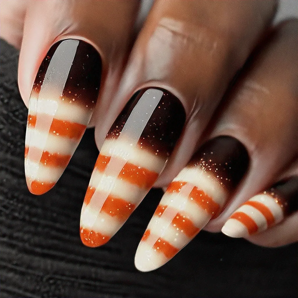 An oval-shaped, black and orange fall-themed style, executed with ombre dip powder technique, ideal for deep skin tones.