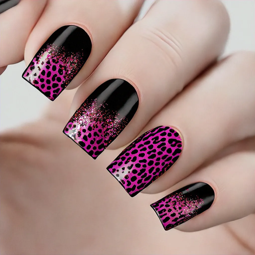 Black and pink ombre glitter nails in stylish cheetah print. Perfect for Halloween on fair, square-shaped nails.