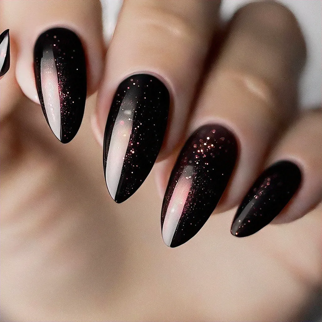 Celebrate New Year with medium-olive skin tone friendly almond shaped clear style nails in black and pink using powder dip technique.