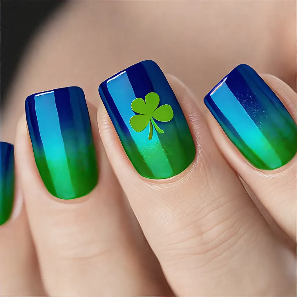 A cute square nail painted in blue for St. Patrick's Day. The design features cat eye technique suitable for light skin.