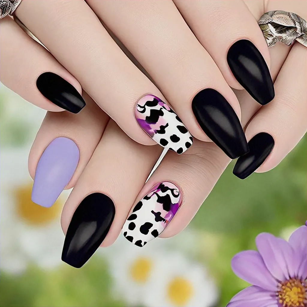 Black and purple oval nails shaped for a spring-themed cow style. Airbrush technique suits fair skin