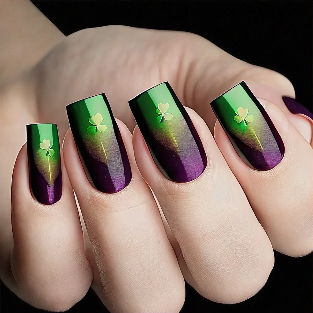 St. Patrick's day themed, cute, black and purple cat eye square nails for light skin.