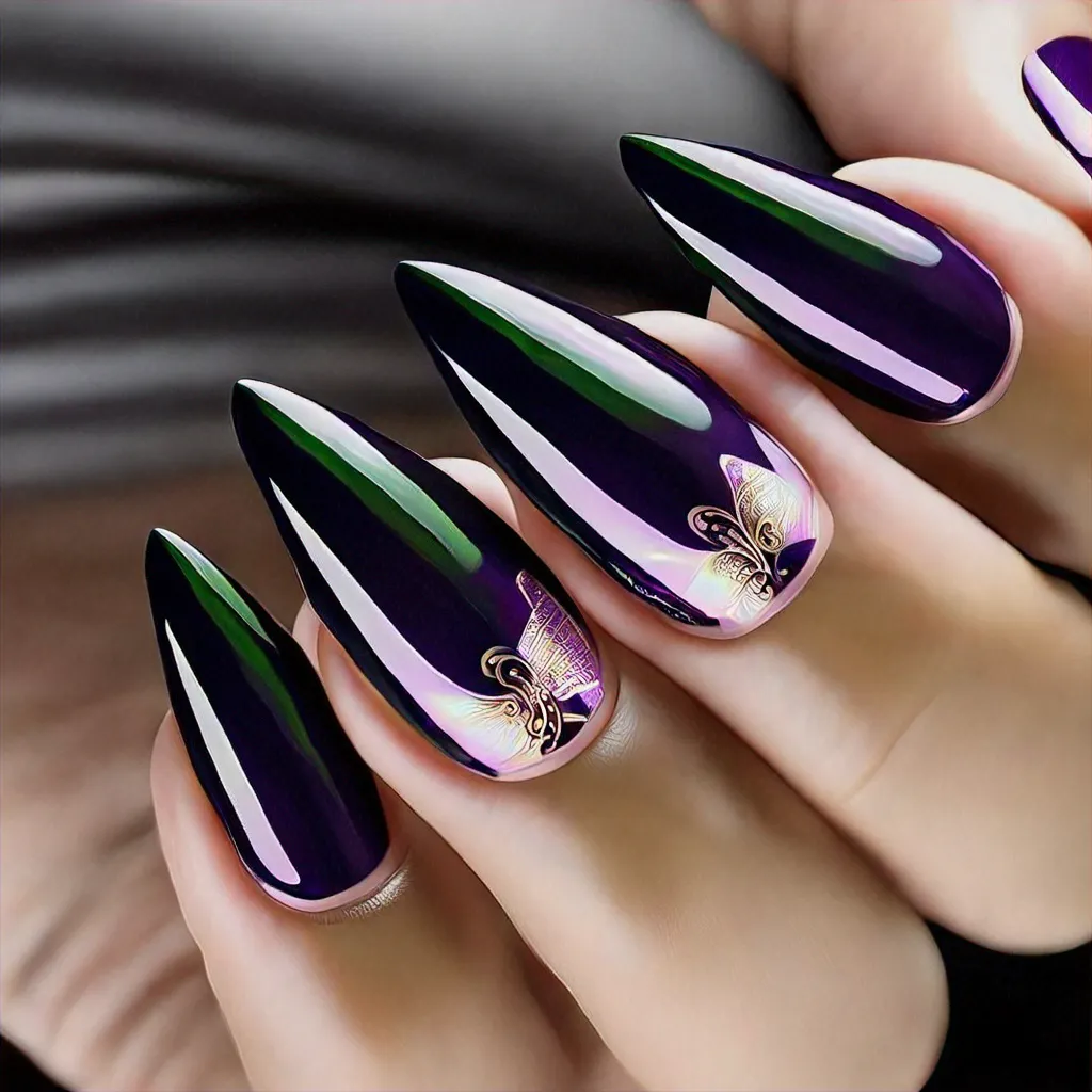 Summery elegant stiletto-styled nails in black and purple chrome for medium-olive skin tones.