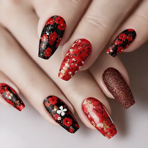 Floral-themed oval nails in black & red, perfect for Valentine's Day. Enhanced with glitter, suits light skin tones.