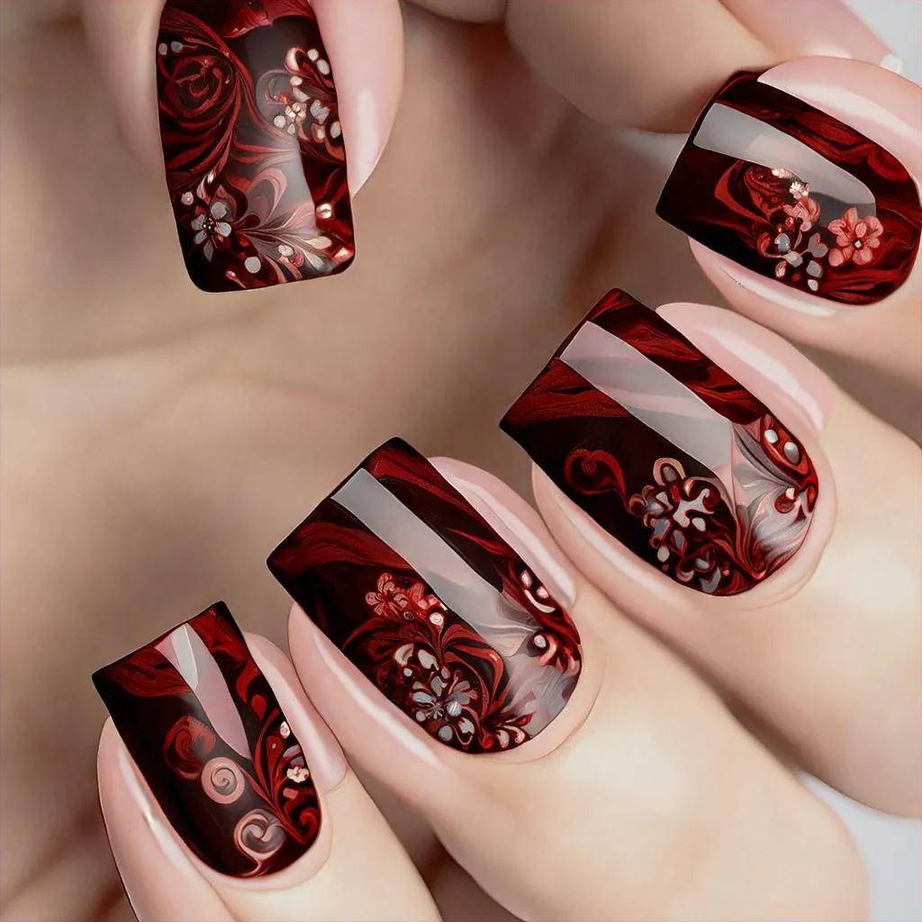 Black and red square nails, medium-olive skin. Wedding theme, flower style, marble technique.