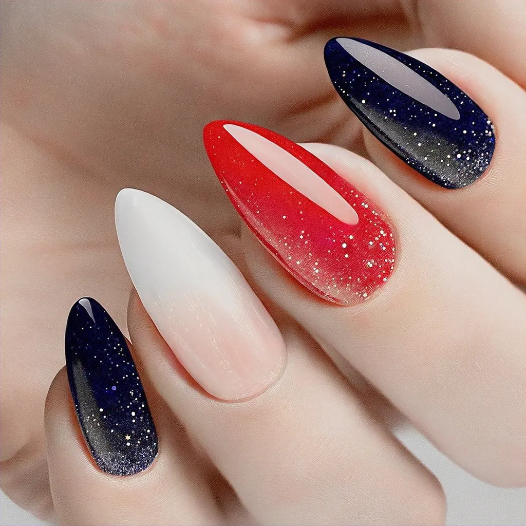 Almond-shaped, black & white ombre glitter. Perfect for fair skin & a fun 4th of July celebration!