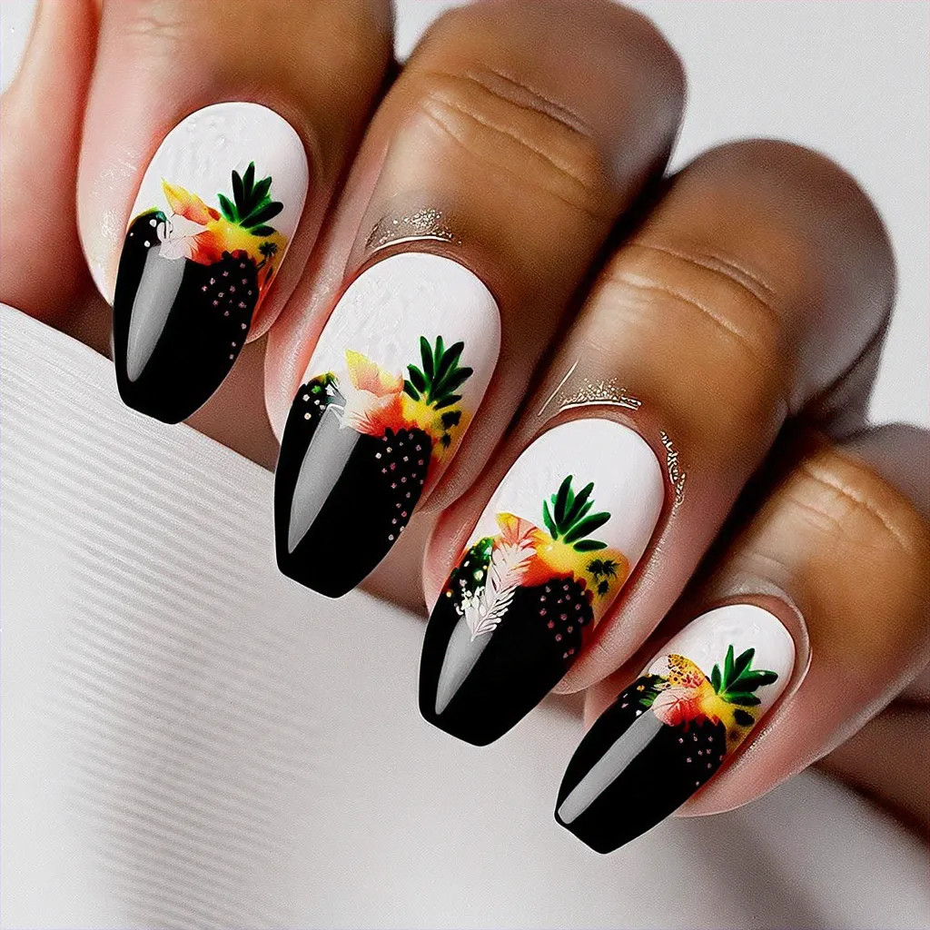 A black and white oval nail look for medium-olive skin. It showcases a Hawaiian birthday theme using the powder dip technique.