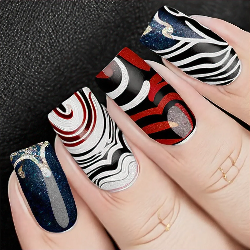 Square shaped nails in black and white with heart-style swirls, perfect for celebrations on deep skin tones.