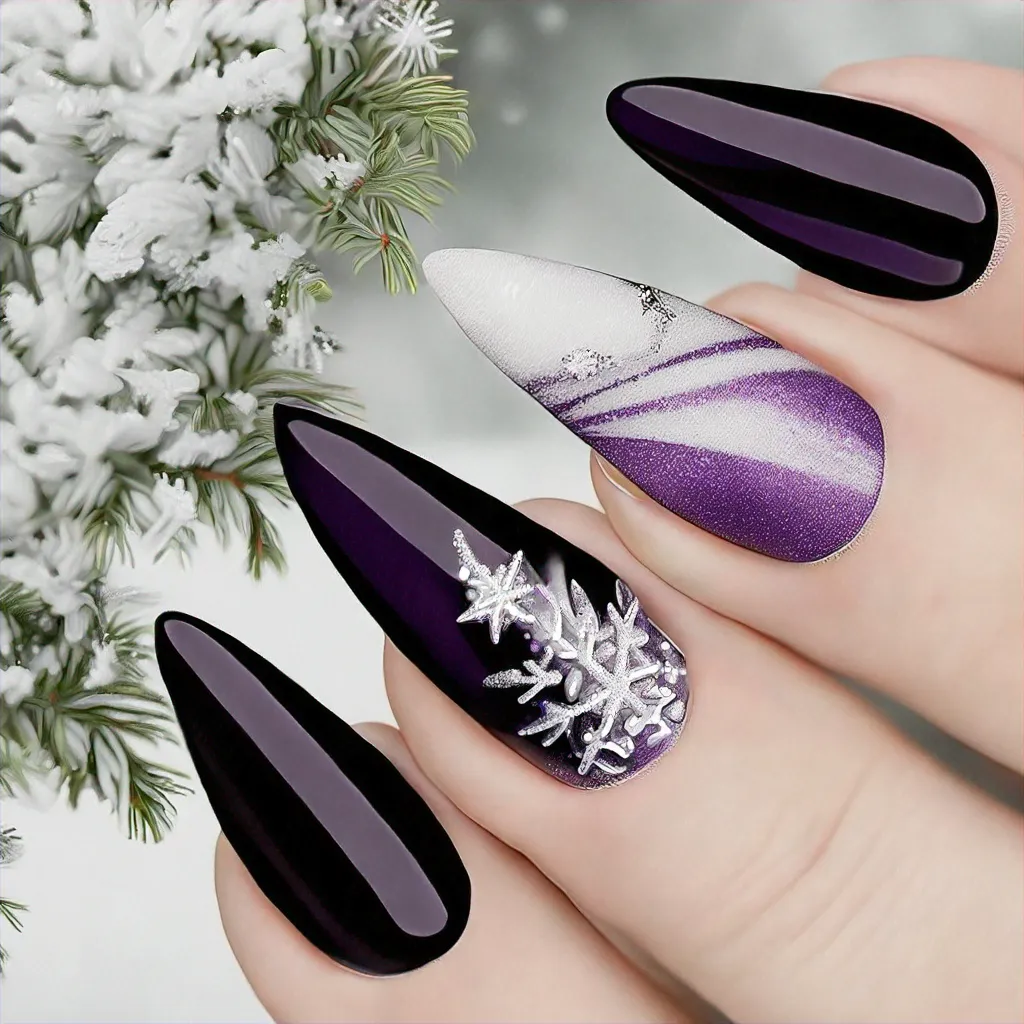 A unique Christmas themed black and white stiletto airbrushed with a hint of lavender. Perfect for fair skin.