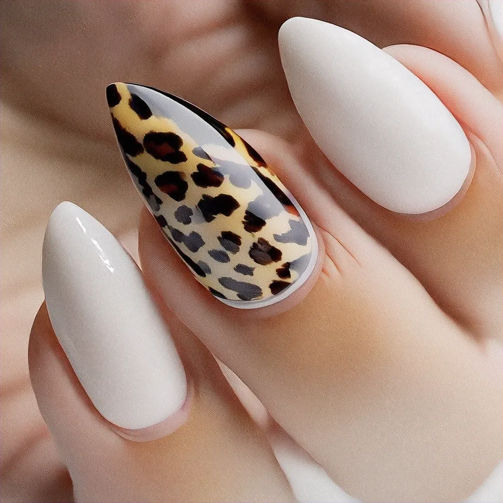 Get the dazzling black & white, leopard print cat eye almond nails perfect for cruise outings for light-skinned tones.