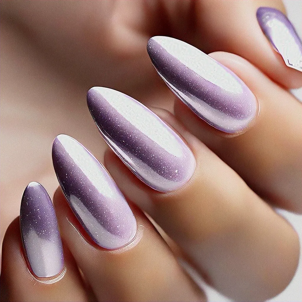 Medium-olive skin complements this coffin shaped nail design, combining black and white chrome with a lilac Easter theme.