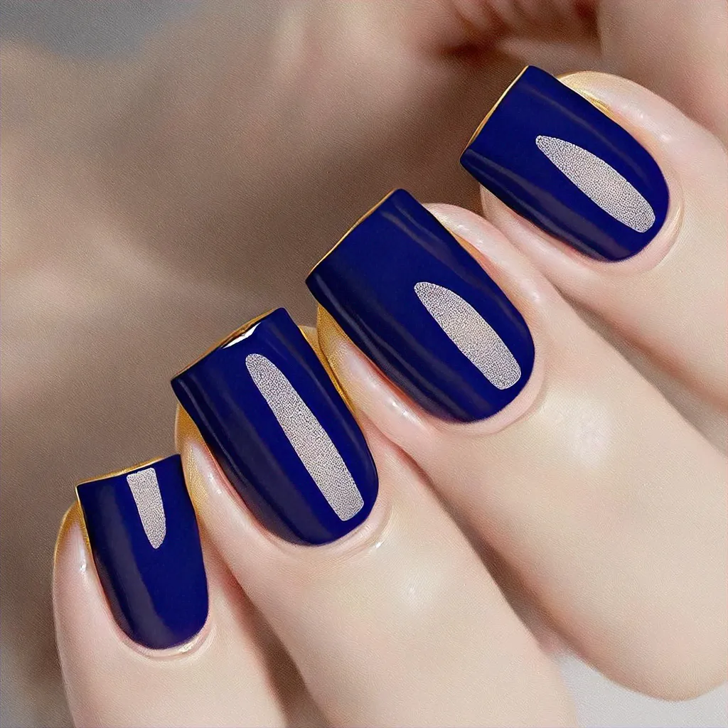Blue & gold minimalist Halloween themed square french tips ideal for fair skin tones.