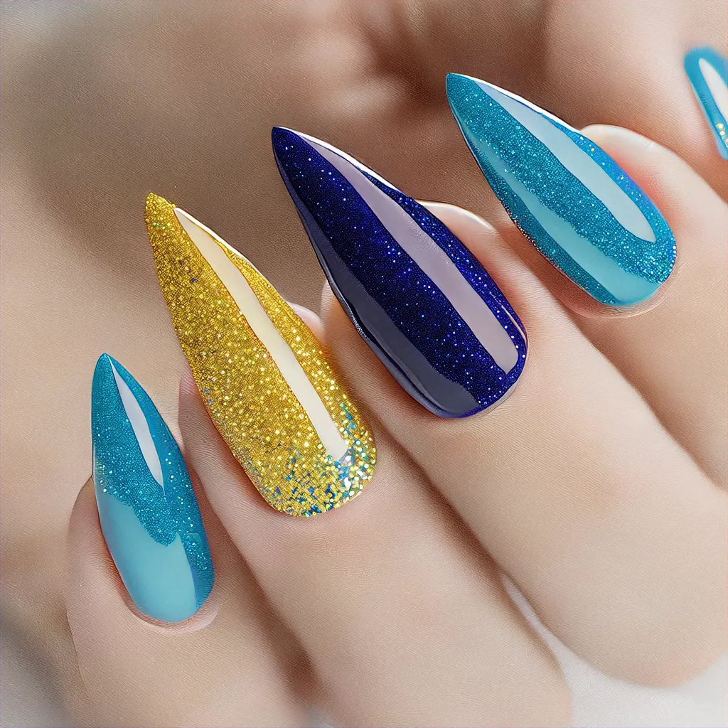 Festive neon blue & gold stiletto nails with glitter for light skin tones.