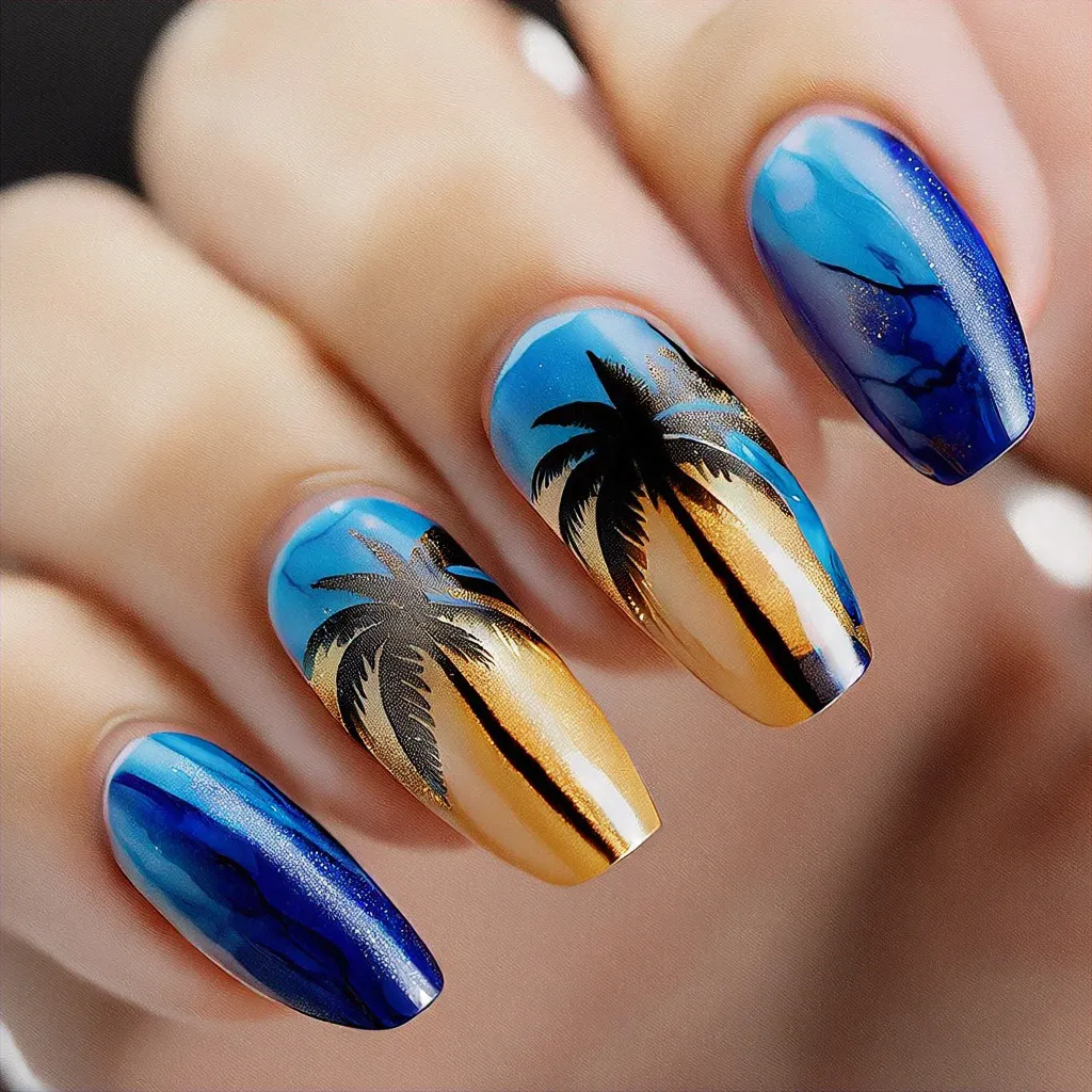 Medium-olive skin tone? Try this blue and gold palm tree-themed marble technique for a festive New Year look!