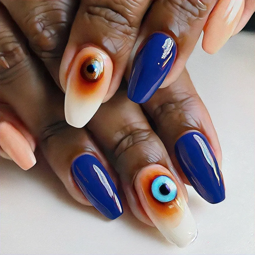 A Thanksgiving-themed deep skin toned evil eye design, with a dip technique on almond-shaped blue nails.