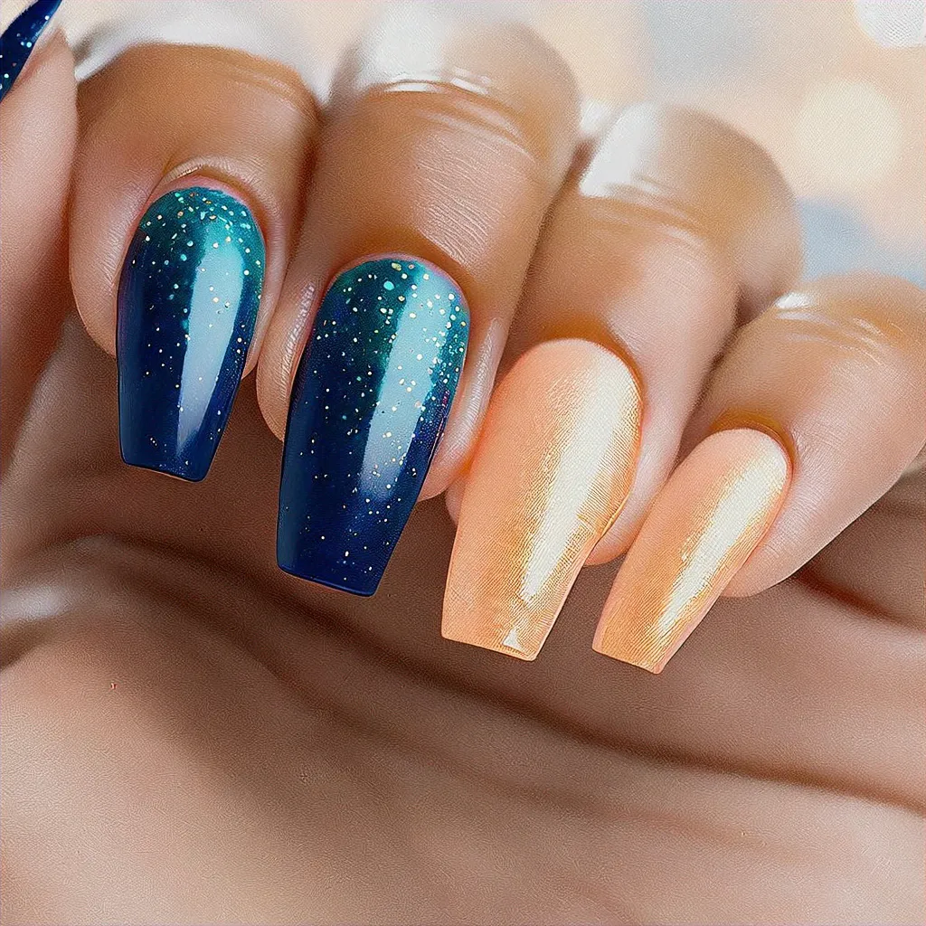 Blue and gold coffin-shaped nails with a party-themed style in peach ombre using dip powder techniques for deep skin tones.