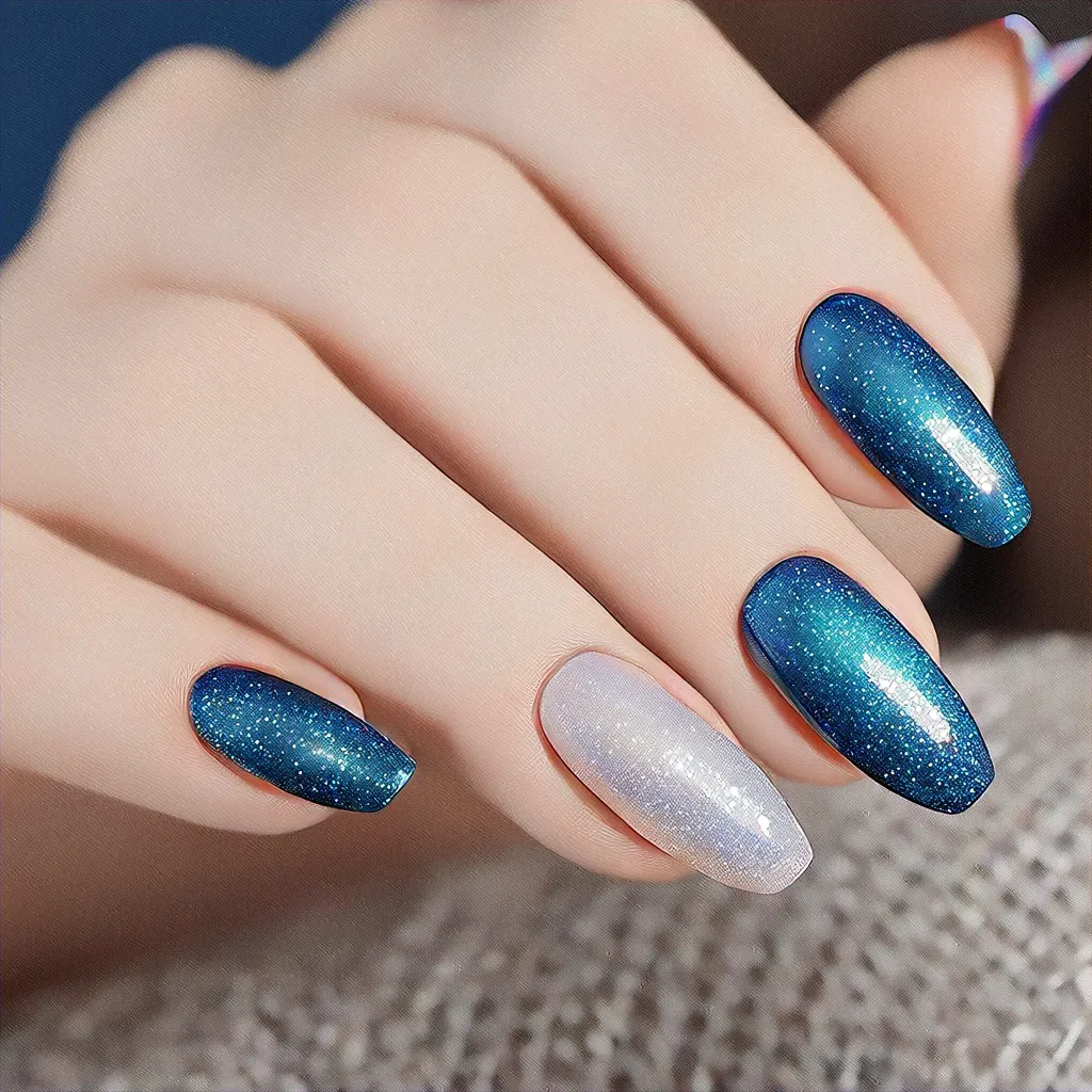 Fair skinned? Try oval-shaped, plaid-designed spring-themed blue/silver ombre glitter nails.