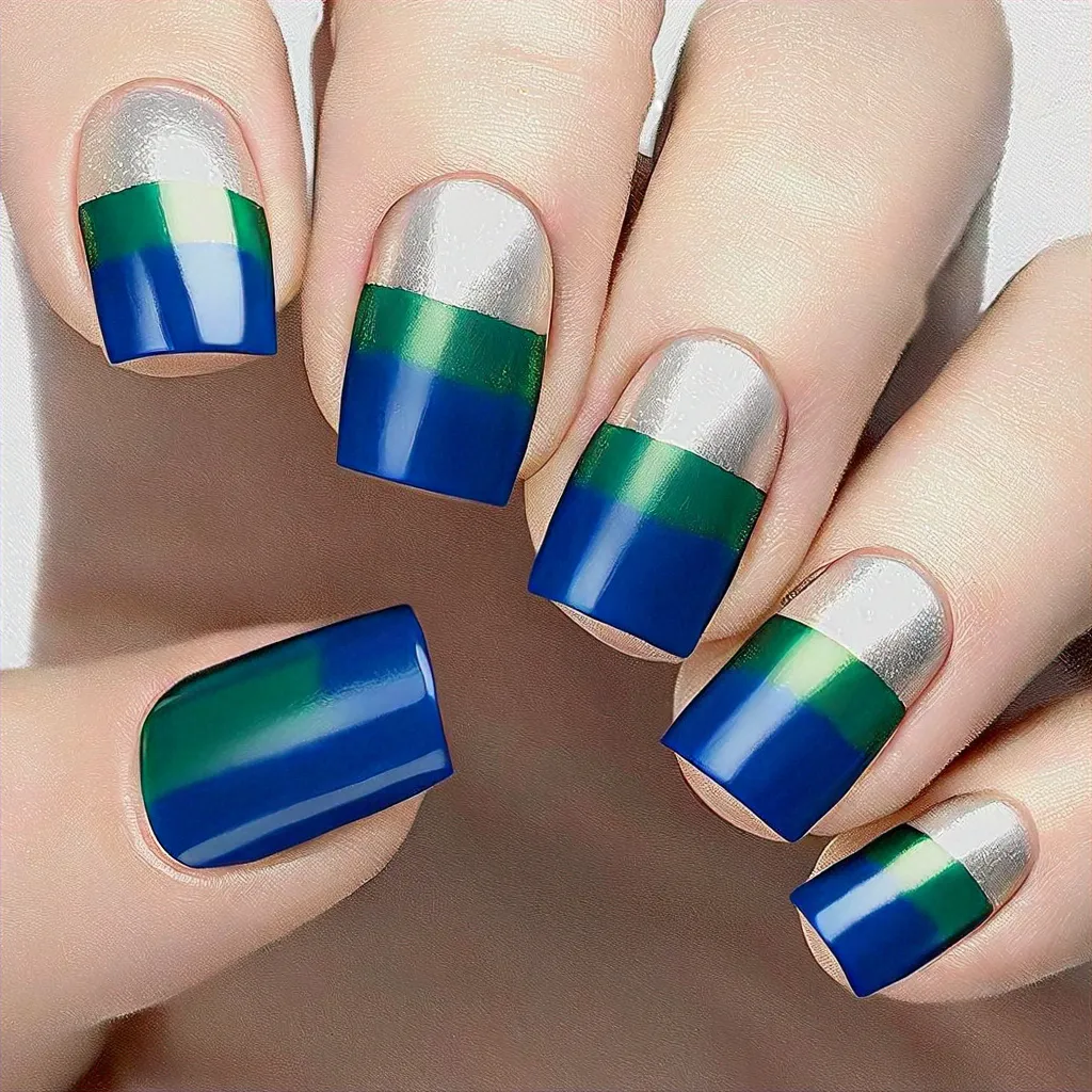 Show your St. Patrick’s day spirit with square-shaped ombre nails in blue and silver. Perfect for light skin tones.