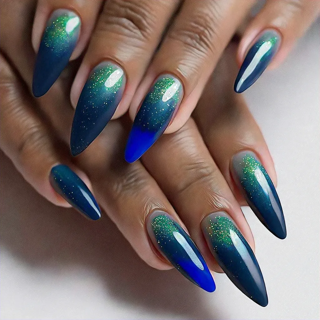 Medium-olive skin toned stiletto-shaped nails professionally dipped in blue and silver powder for a summer look.