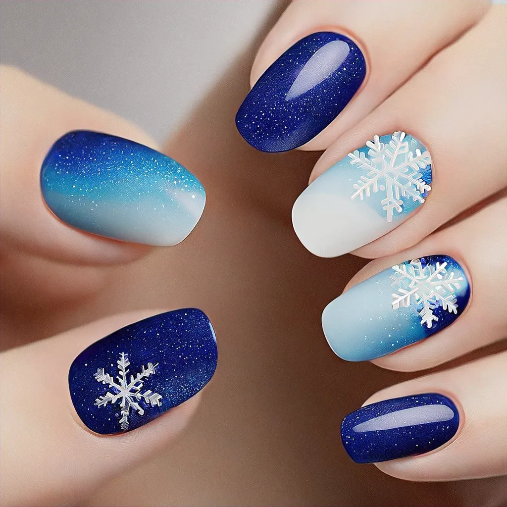 Charming light-toned oval nails in blue and white with a snowflake style and cat eye technique for this Valentine's day